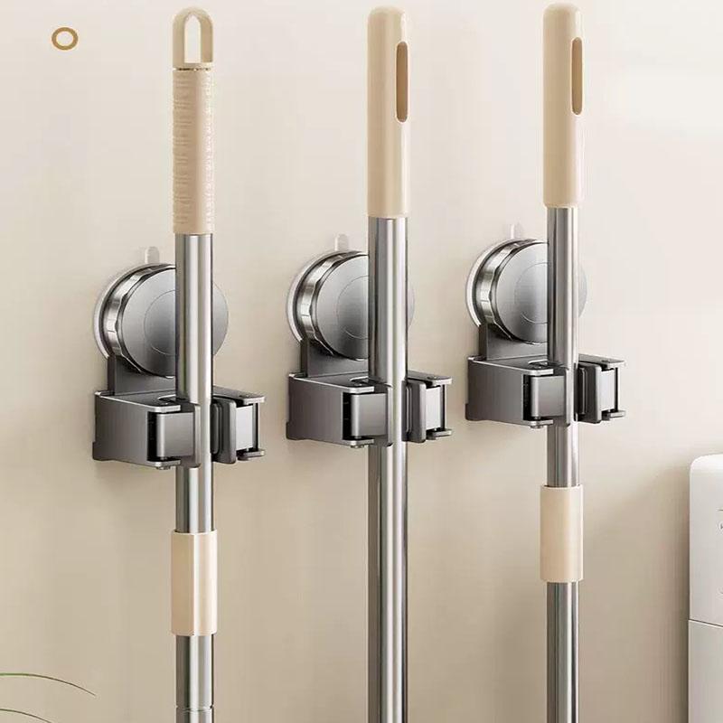 Suction Cup Mop Broom Holder Wall Mounted No Punching Bathroom Organizer With Anti-Slip Silicone Clamp