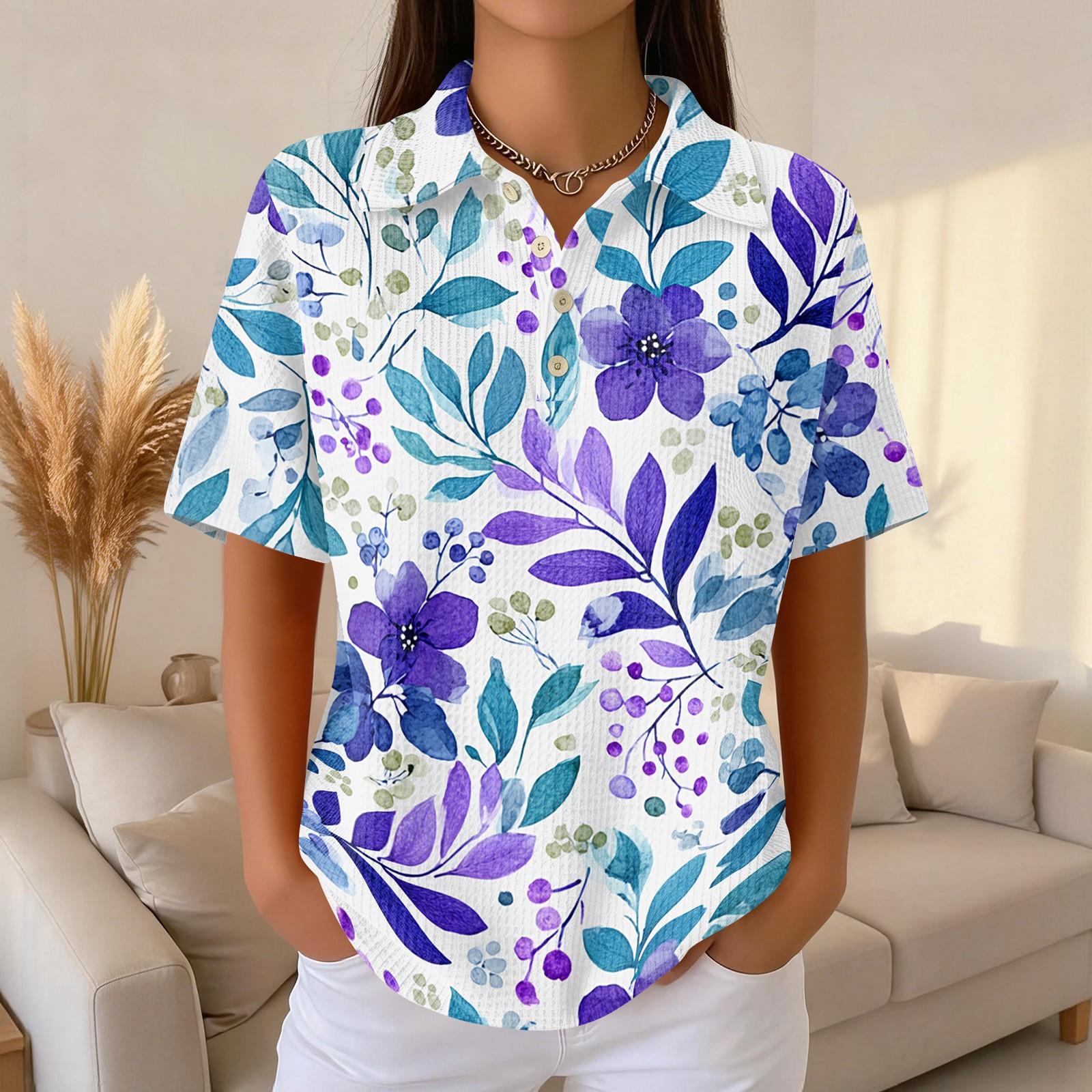 

Women’s Casual Knit Short Sleeve Collared Shirt with Floral Print Relaxed Fit Lightweight Top for Everyday Wear M