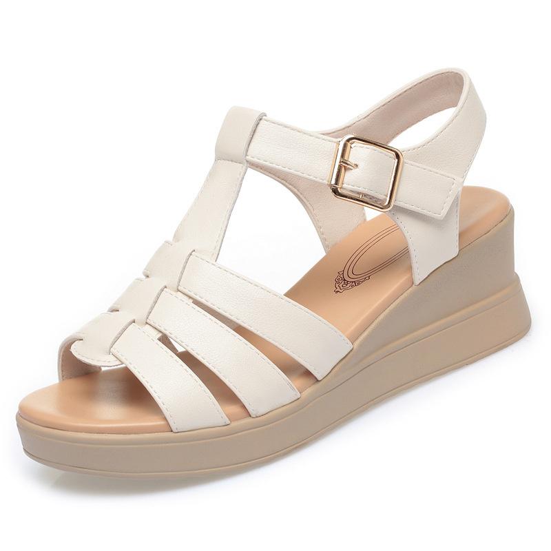 

Модные босоножки на танкетке с ремешком на щиколотке для женщин Лето 2024 Лоскутная платформа Дышащий комфорт Нескользящая мягкая подошва Босоножки-гладиаторы 36