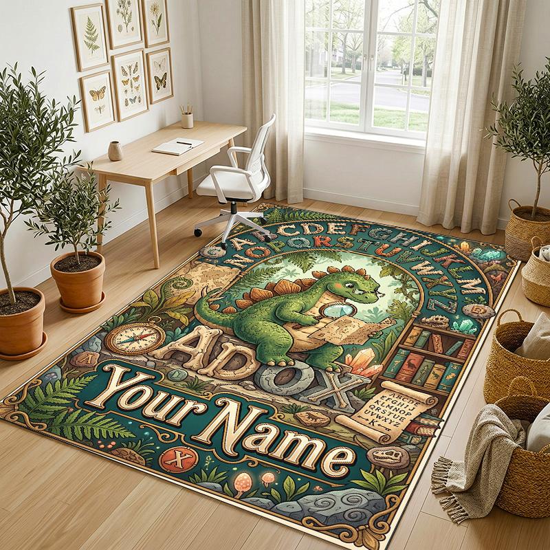 Dinosaur Theme Crystal Velvet Rug Personalized Custom Name Text Soft Floor Mat Home Decor