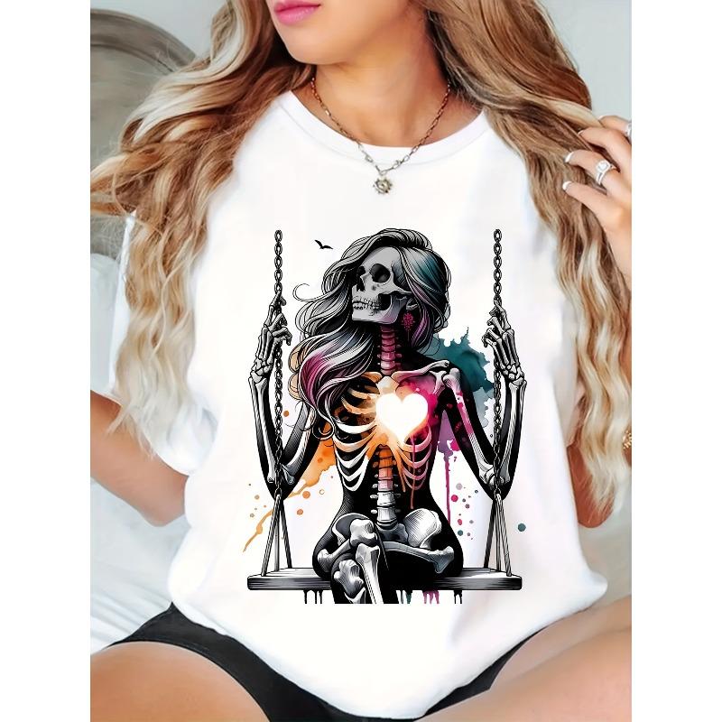 European size Women's Skeleton Heart Swing Graphic Print T-Shirt
