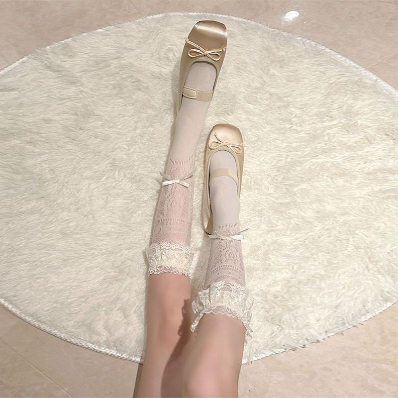 Ballet-Style Bow Mid-Calf Socks Women Summer Thin Hollow-Out Lace Slouch Socks