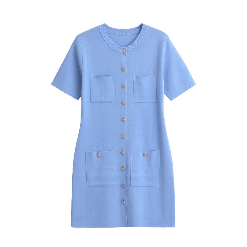 

Kaslead New Arrival Women s Clothing Fashion Style Fashion Solid Color Buttons Knitting Short Sleeve Dress 3471011 Blue L