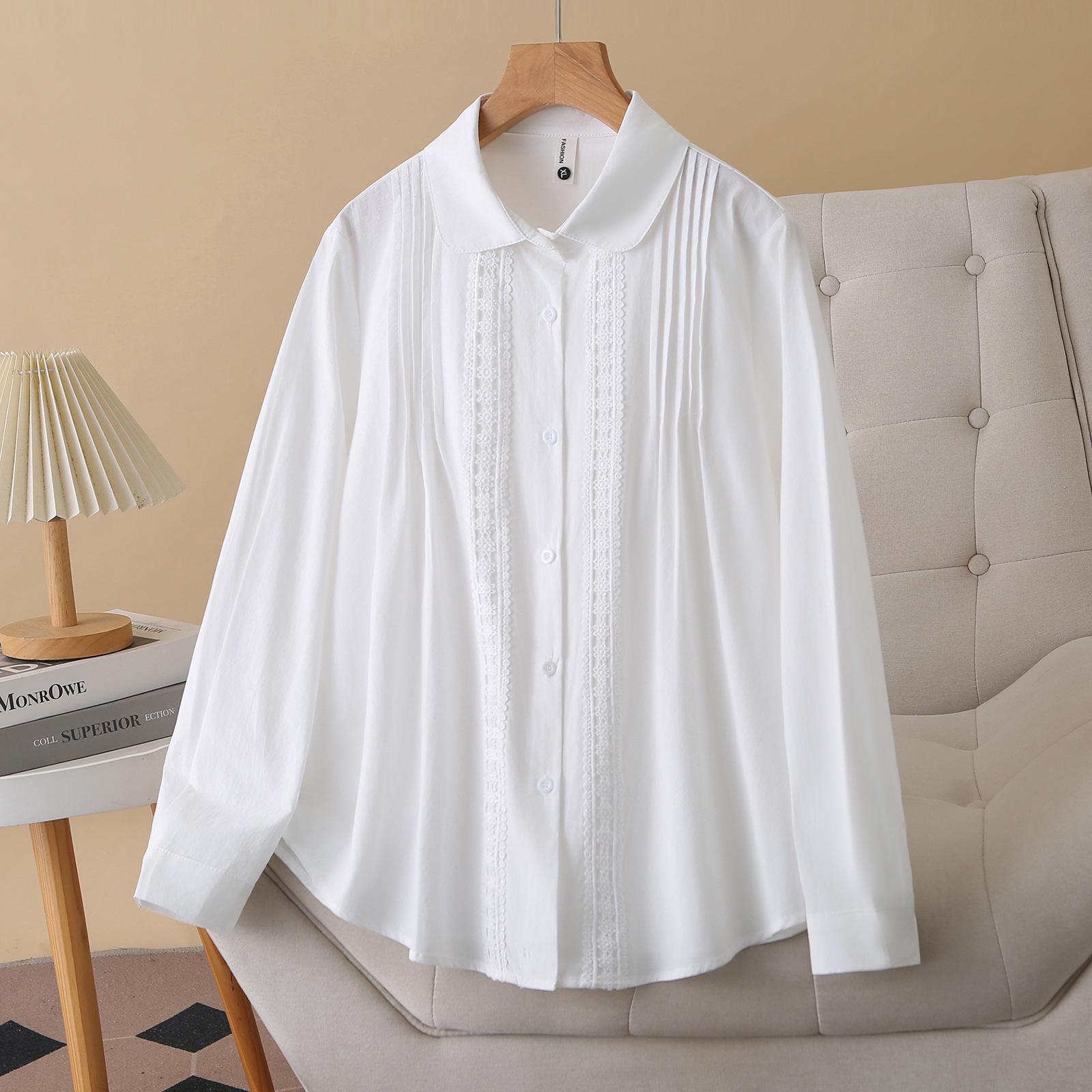 2026 Spring Plus Size Women s Long Sleeve Pleated Lace Cardigan Cotton Top 3XL белый