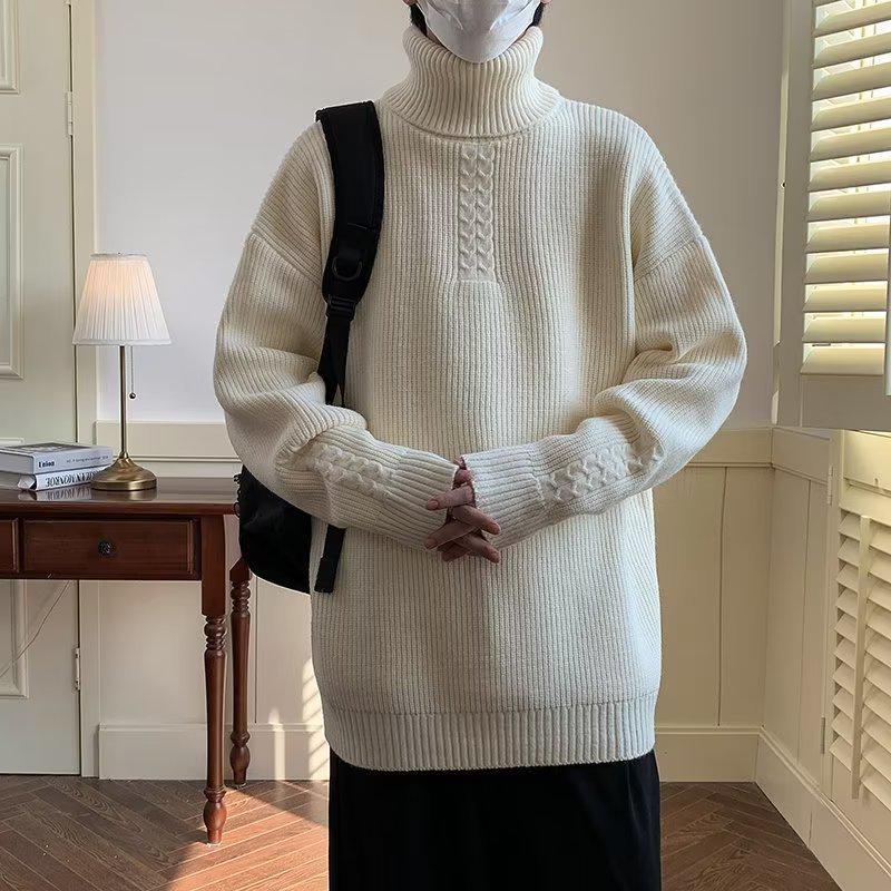 Pánský černý rolák - Ležérní, volný, všestranný, silný trendový pletený top s jelení kožešinou, hongkongského stylu, ideální pro podzim/zimu