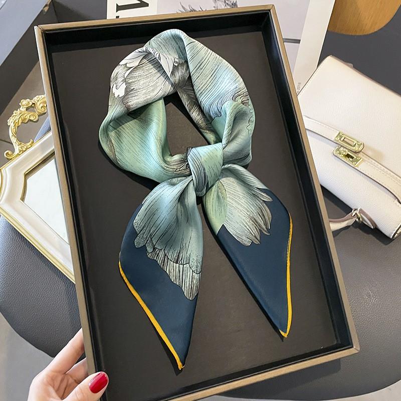 100% Pure Silk Square Scarf Women Black White Camellia Print 68x68cm Lightweight Elegant Wrap Office Casual Wear