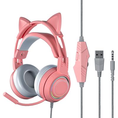 Katzenohr-Kopfhörer mit Rauschunterdrückungsmikrofon für Mädchen, alle umwickelten Ohrmuscheln, kabelgebunden, Over-Ear-Gaming