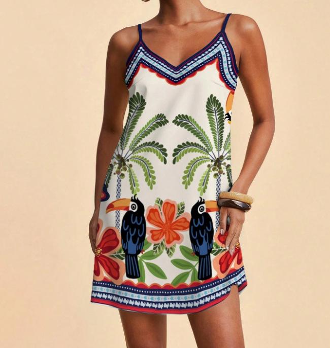 2026 Summer Fashion Casual Spaghetti Strap Printed V-Neck Slim Fit Dress for Women