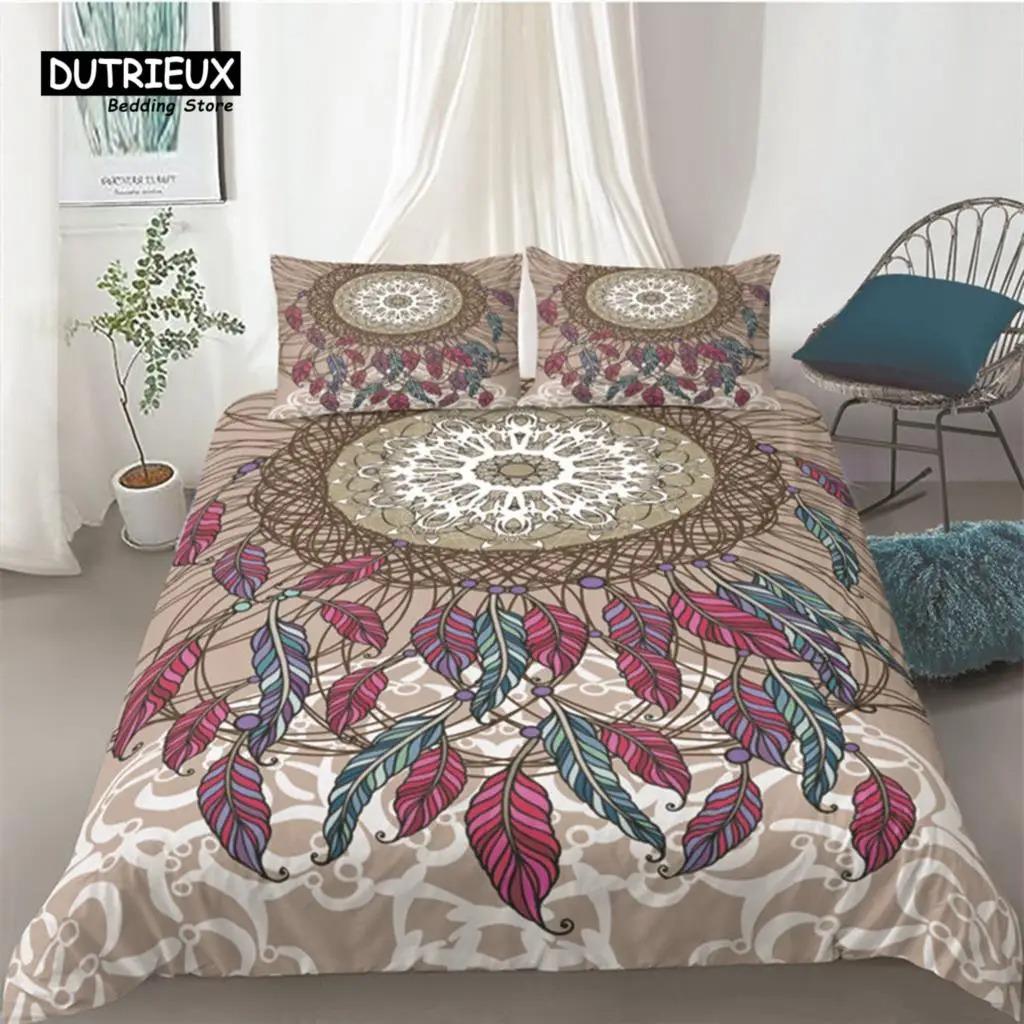 Böhmisches Bettbezug-Set, Traumfänger, geometrischer Federdruck, Bettwäsche-Set, King-Queen-Size-Zimmerdekor, Mikrofaser-Bettbezug