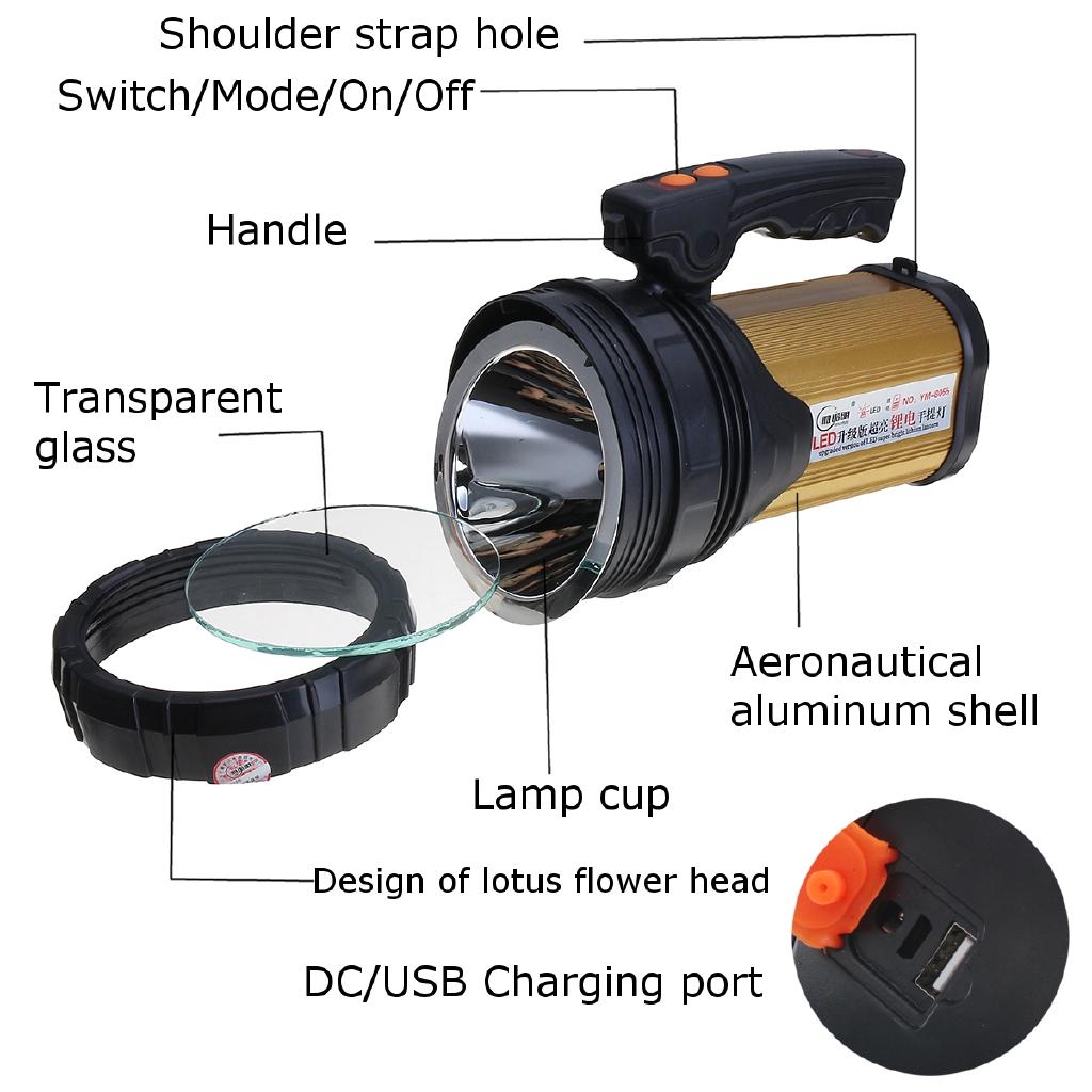 USB Handheld LED Searchlight High Power Super Bright Outdoor Portable Spotlight Lantern Rechargeable Flashlight 120W