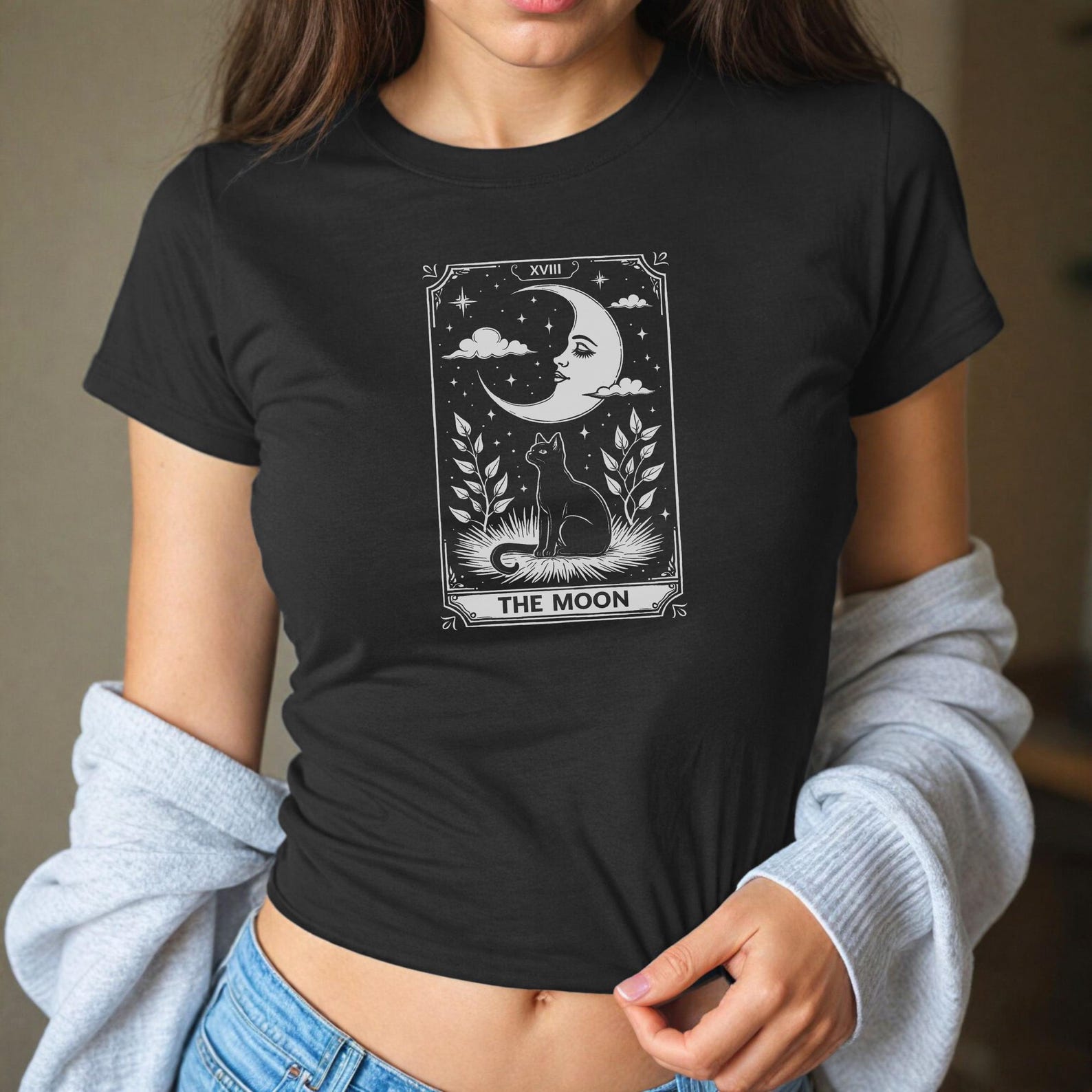 Y2K Moon Tarot Card Baby Tee - 90s Crop Top Style 4XL
