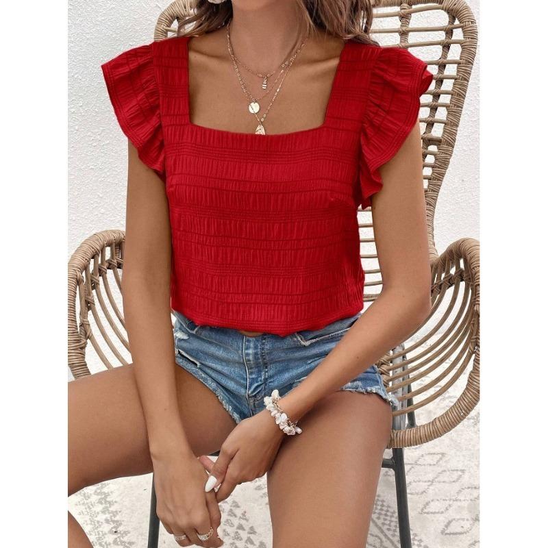 Women's Trend Spring Summer Fashion Square Collar Ruffled Shirt Top