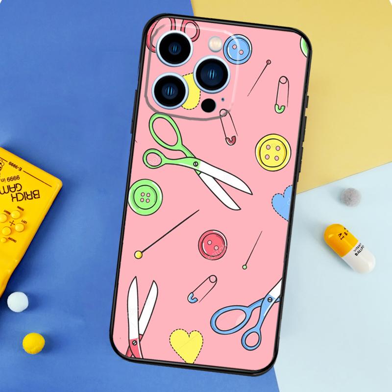 Sewing Scissors Buttons Phone Case For iPhone 17 16 15 14 12 11 13 Pro Max Mini 15 16 Plus 16e 17 Air Bumper Cover