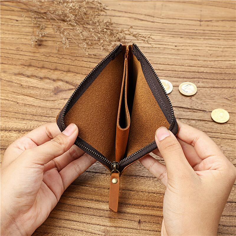 Crazy Horse Leather Handmade Wallet Retro Small Coin Money Bags Simple Wallets Zipper Pouch Card Holdes