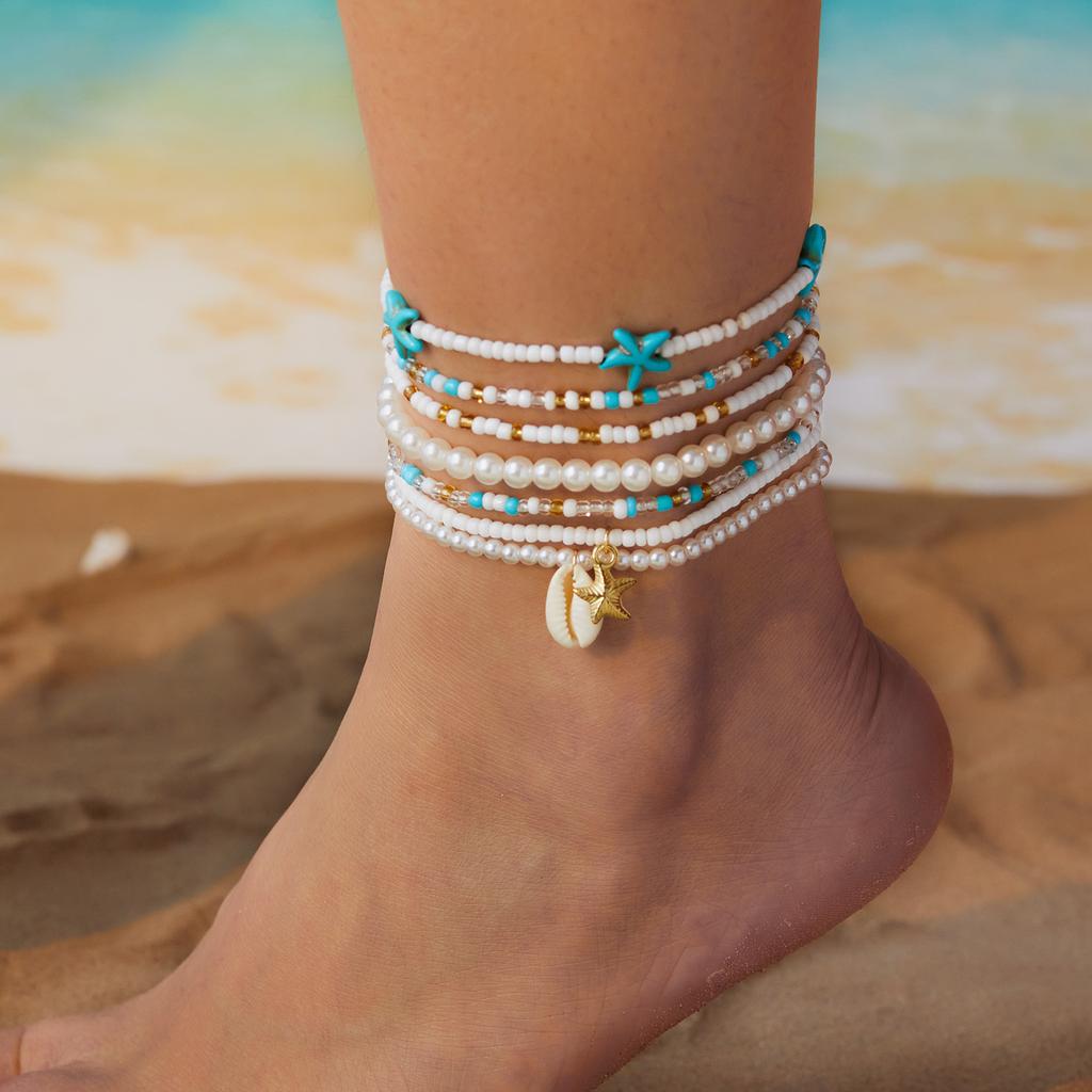 5Pcs Ocean Inspired Layered Anklet Set for Women Beach Conch Starfish Turtle Charm Foot Jewelry Summer Vacation Accessories