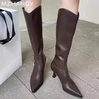 Fashion Women Pointed Toe High Boots Sexy Leather High Heels Shoes Woman Trend Elegant Chelsea Boots Pumps New Stilettos Mujer Botas
