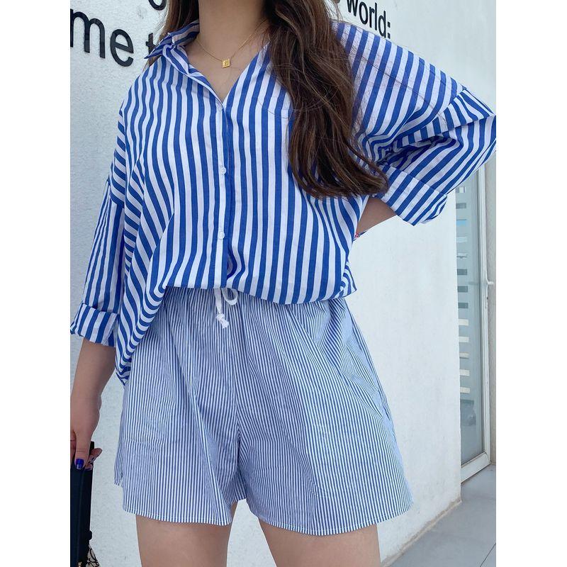 

Miss Biggie Fashion Plus Size Thin and Comfortable Easiest for Match Ins Style Cotton Blend Striped Lace-up Pocket Shorts Blue and white stripes XL