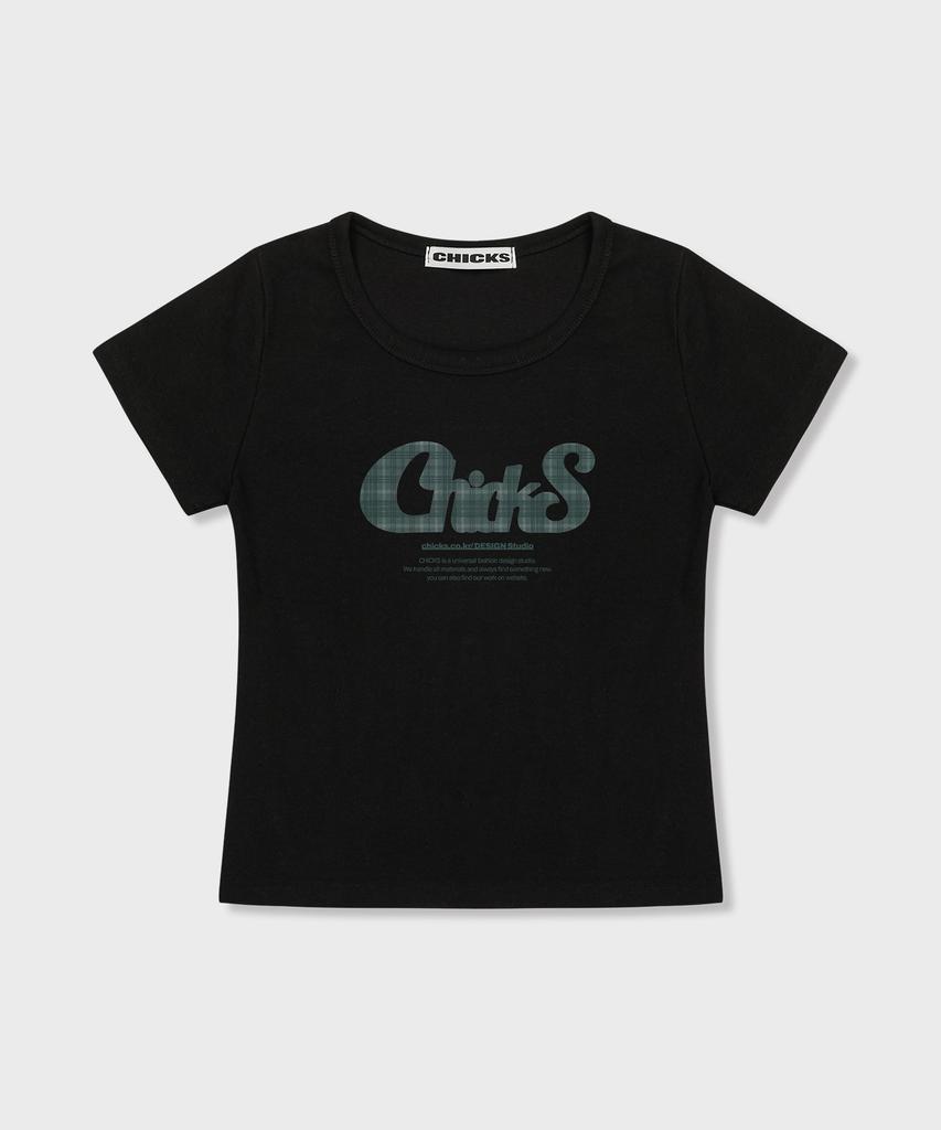 CHICKS Check Pattern Typo Crop Slim Fit Short Sleeve T-Shirt Black