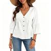 Women Casual V Neck Button Down Three Quarter Sleeve Loose Fit Top Lightweight Solid Blouse for Daily Office Wear