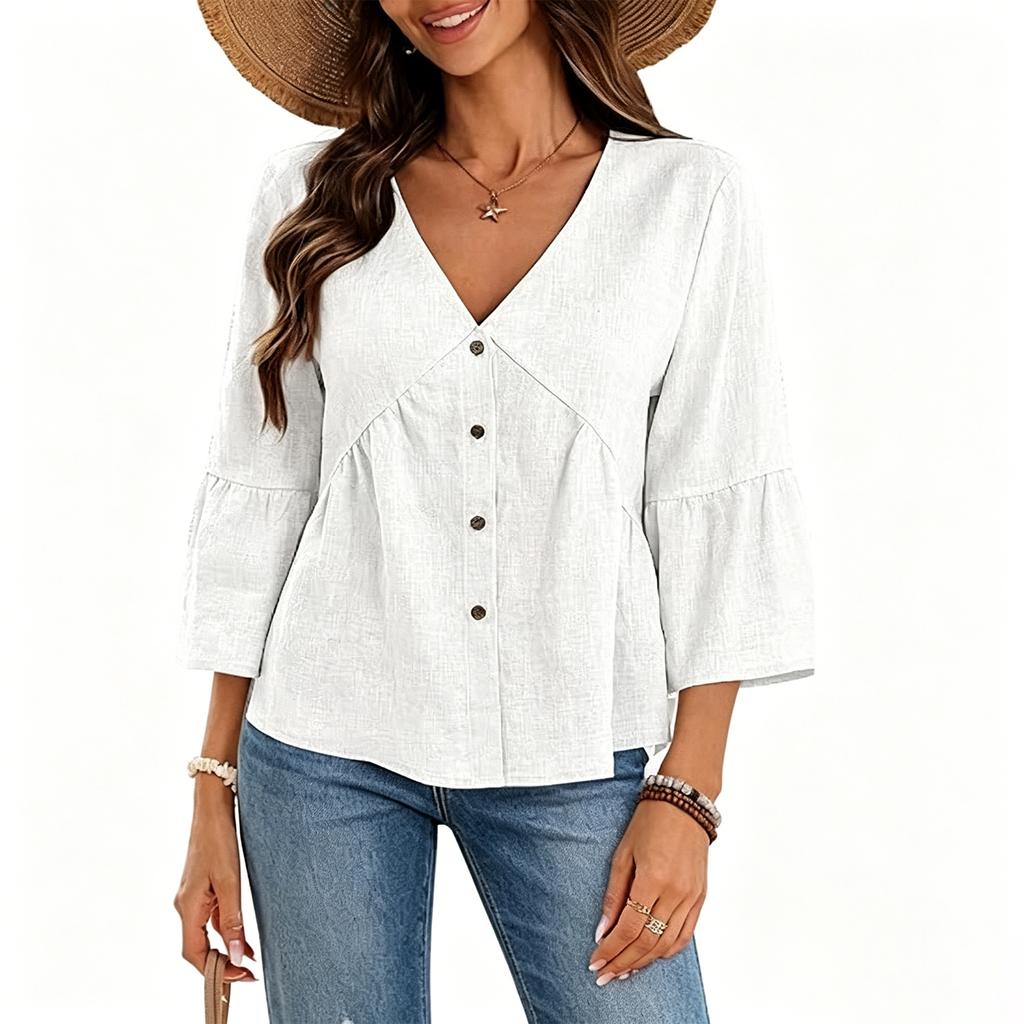 Women Casual V Neck Button Down Three Quarter Sleeve Loose Fit Top Lightweight Solid Blouse for Daily Office Wear