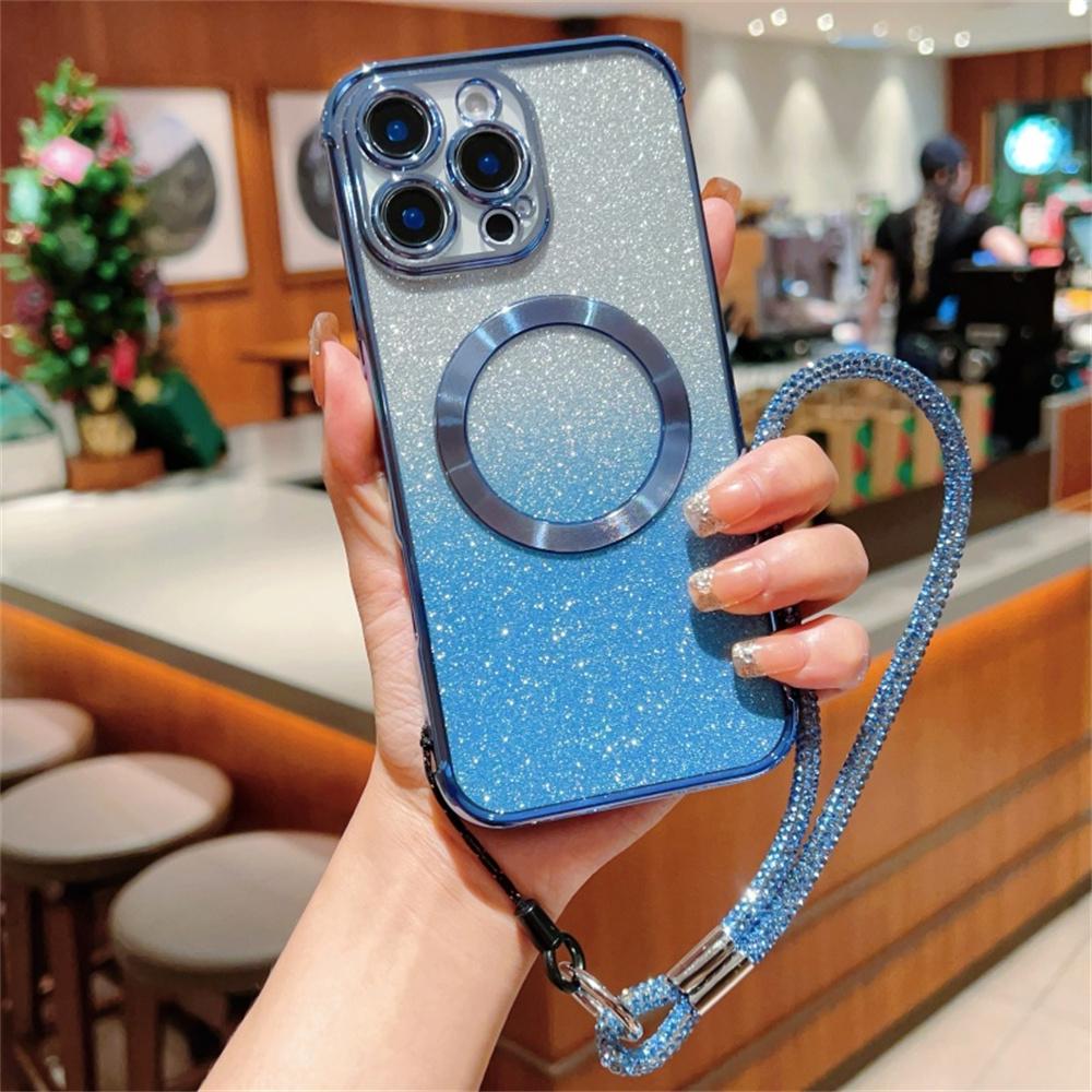 Voor iPhone 16 Pro Max Hoesje Compatibel met MagSafe Gegalvaniseerd Kleurverloop Glitters Telefoonhoesje met Lanyard