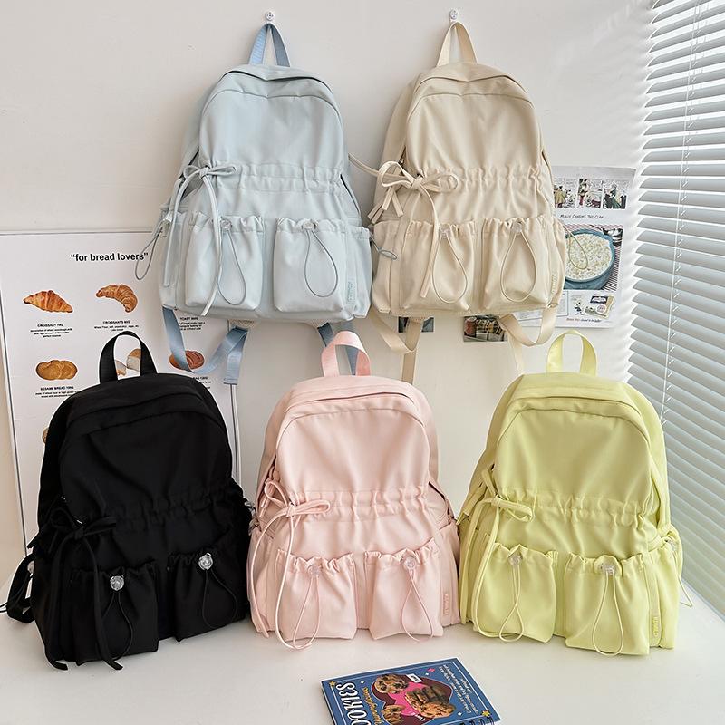 Schoolbag Student Schoolbag Pleated Bag Female Travel Lightweight Cute Bow Schoolbag Junior High School Girls College Student Backpack