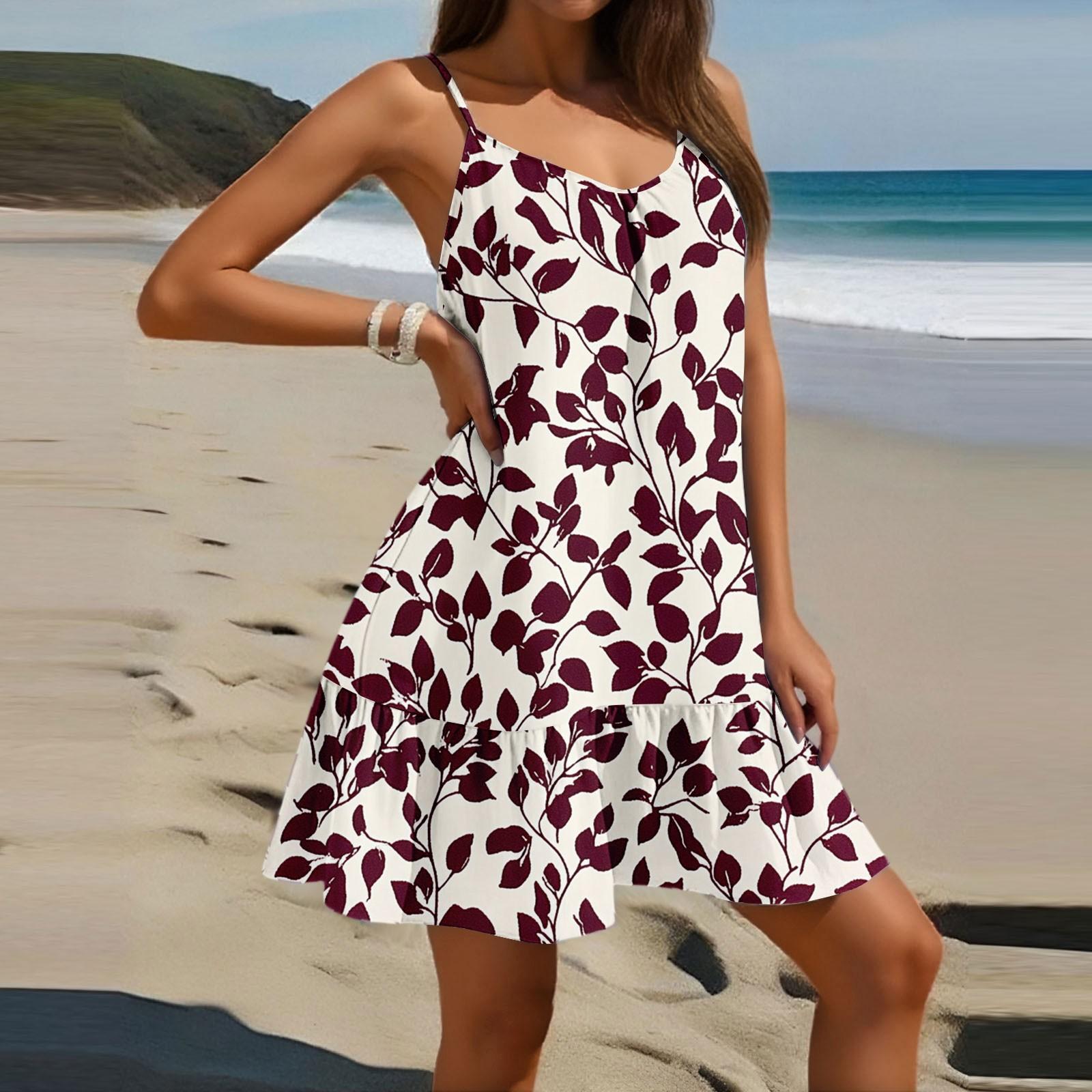 

Женское модное повседневное платье без рукавов с круглым вырезом и цветочным принтом для пляжа M винный