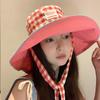 Front and back two, wearing plaid fisherman hats, children's large brim lace-up, face-showing small sun hat, color-edged versatile sunscreen basin hat