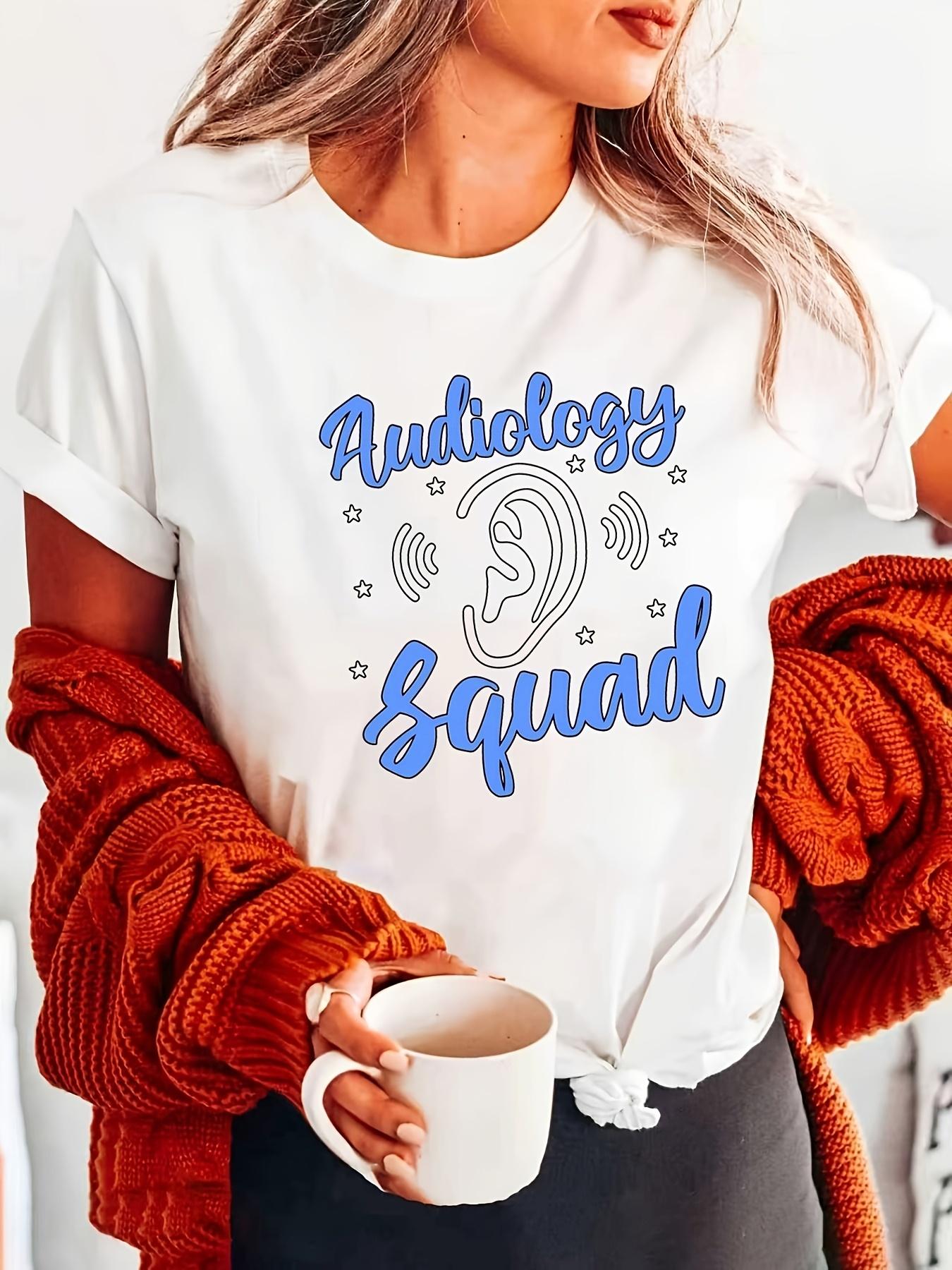 

Women S T-Shirt Featuring An Audiology Squad Graphic, White Short-Sleeve Round Neck Printed Tee - Machine Washable, Casual Style, Comfortable Fit, S белый