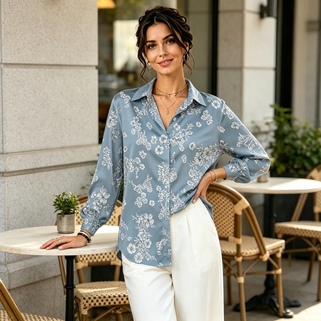 Women Lapel Long Sleeve Khaki Line Floral Print Shirt, Thin Blouse for Office Commute, Daily Wear & Outing