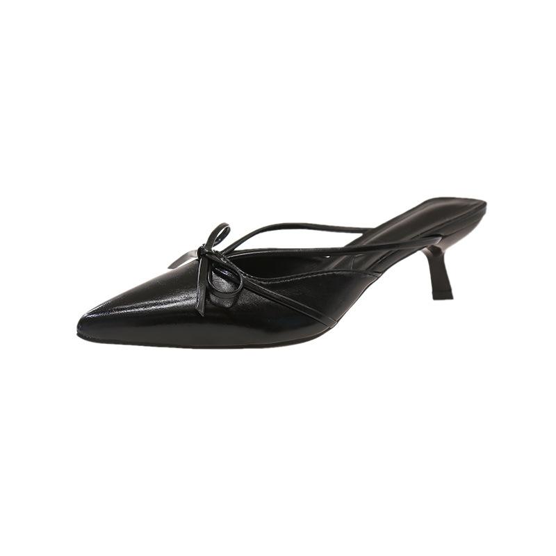 2025 Summer New Bow Slim Thin Heel Medium Heel Cool Slippers Pointed Head Bag Head Half Slippers High Heel Women