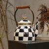 Checkered Black & White Enamel Kettle with Diamond Lid, Wooden Handle, Angled Spout, 2L Capacity - Classic All-Season Teapot
