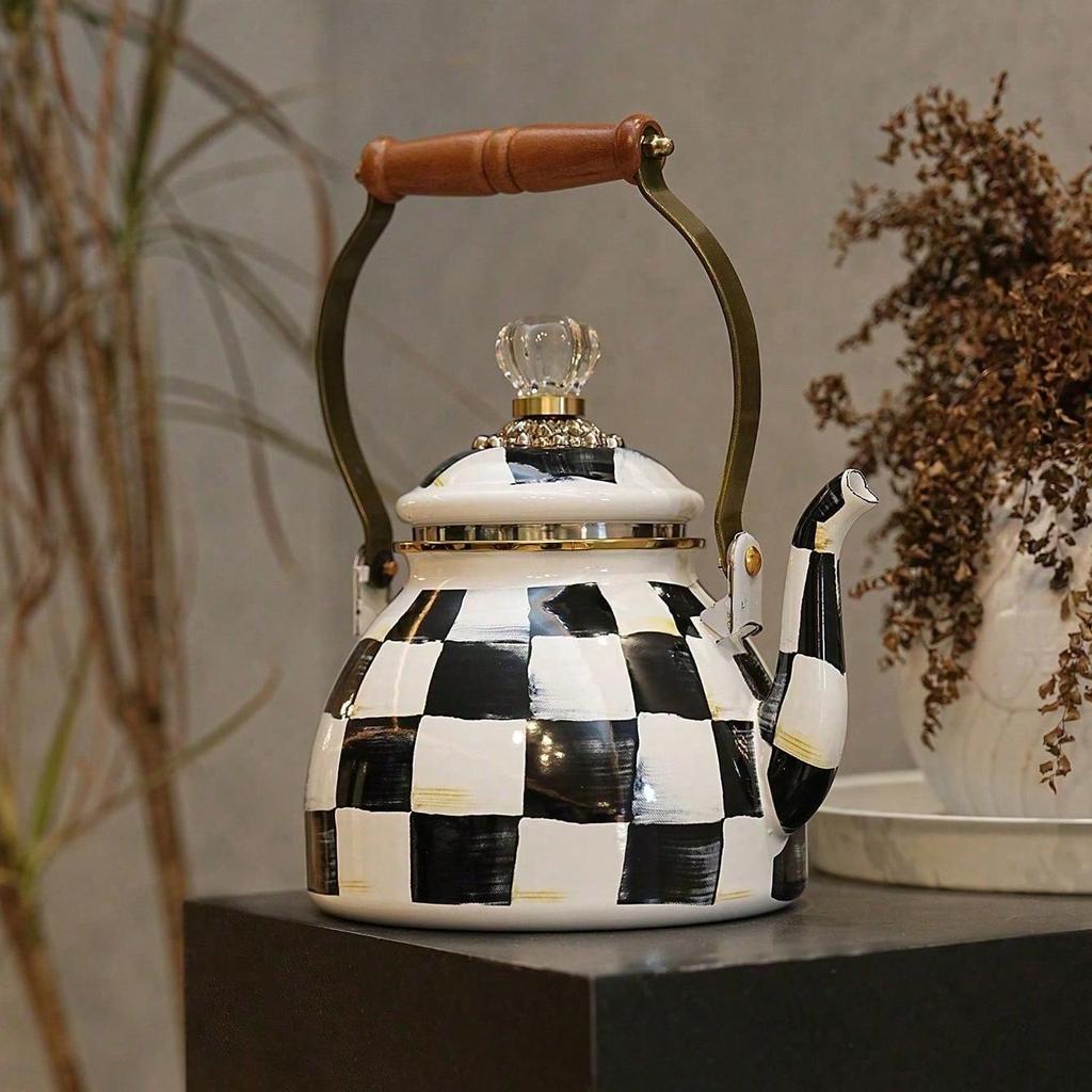 Checkered Black & White Enamel Kettle with Diamond Lid, Wooden Handle, Angled Spout, 2L Capacity - Classic All-Season Teapot