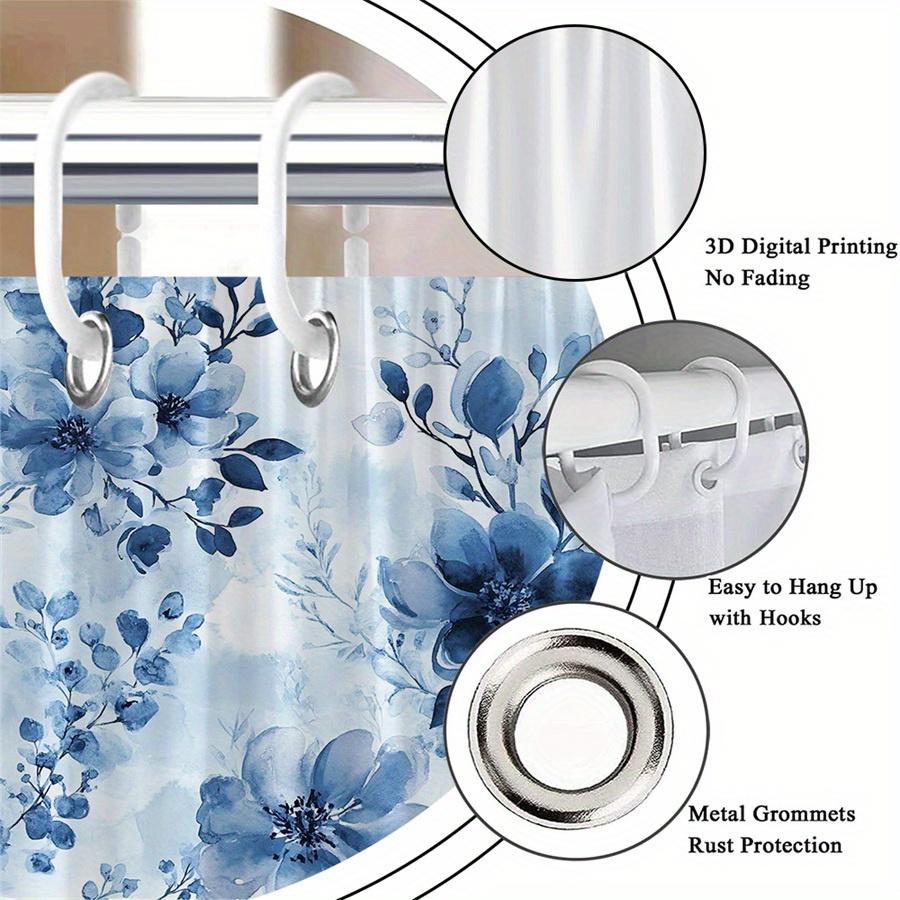 1Pc Blue And White Floral Patterned Shower Curtain, Polyester Fabric, Machine Washable, Suitable For Bathroom Dcor.