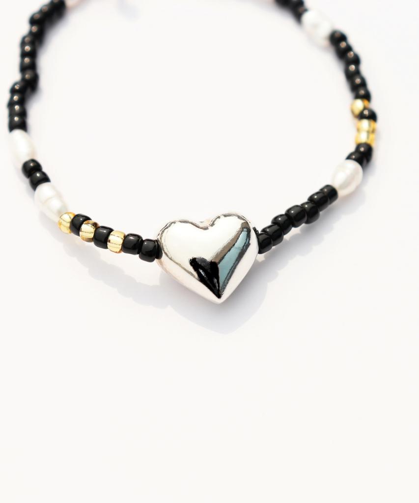 Bonbeau Silver Heart Pearl And Beads Bracelet 925 Silver Chubby Heart Freshwater Pearl Bead Banding Bracelet