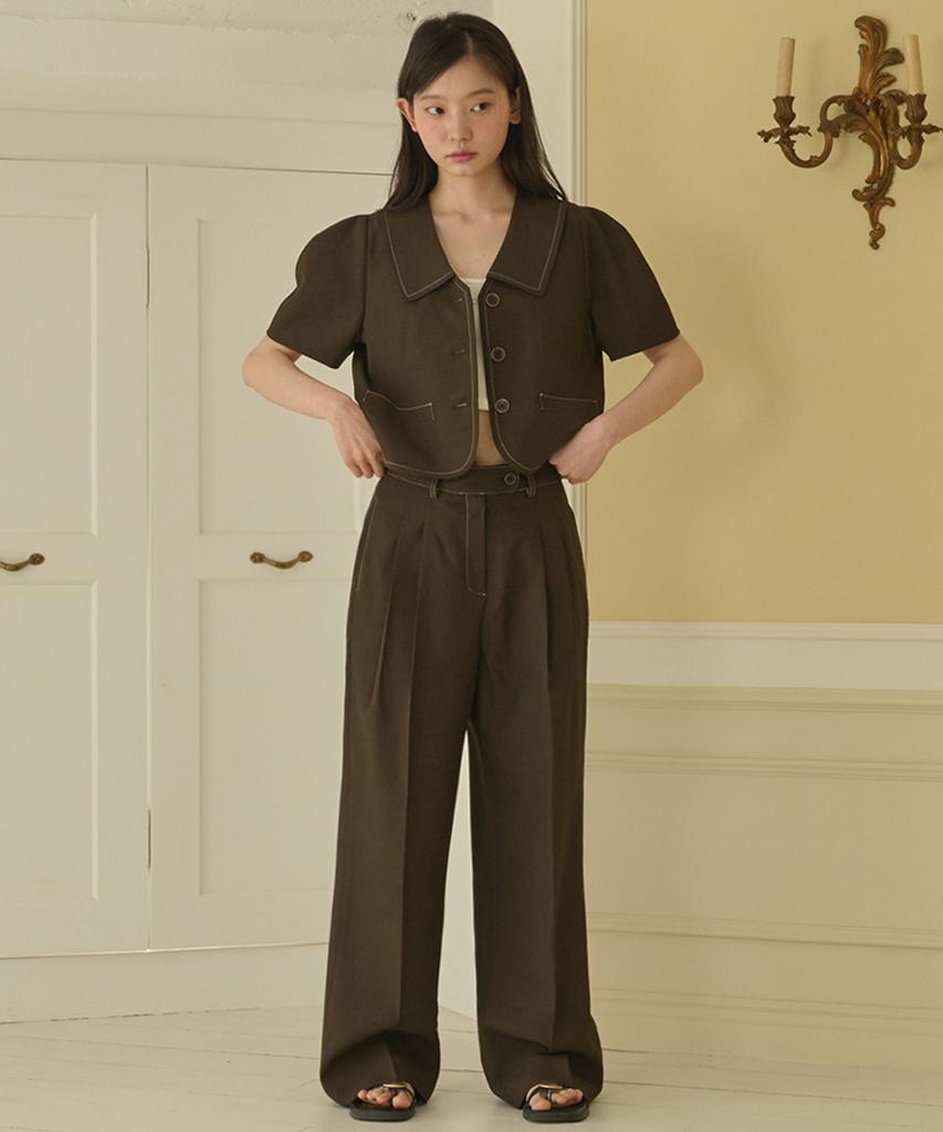 OPENING SUNSHINE Set - Puff Sleeve Crop Jacket + Double-Pleat Wide Pants _Brown
