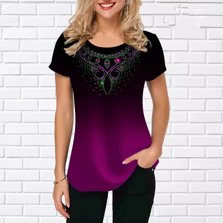 Summer Round Neck 3D Retro Tie Dye Gradient Print Top Fashionable Casual Short Sleeved Women's T-shirts