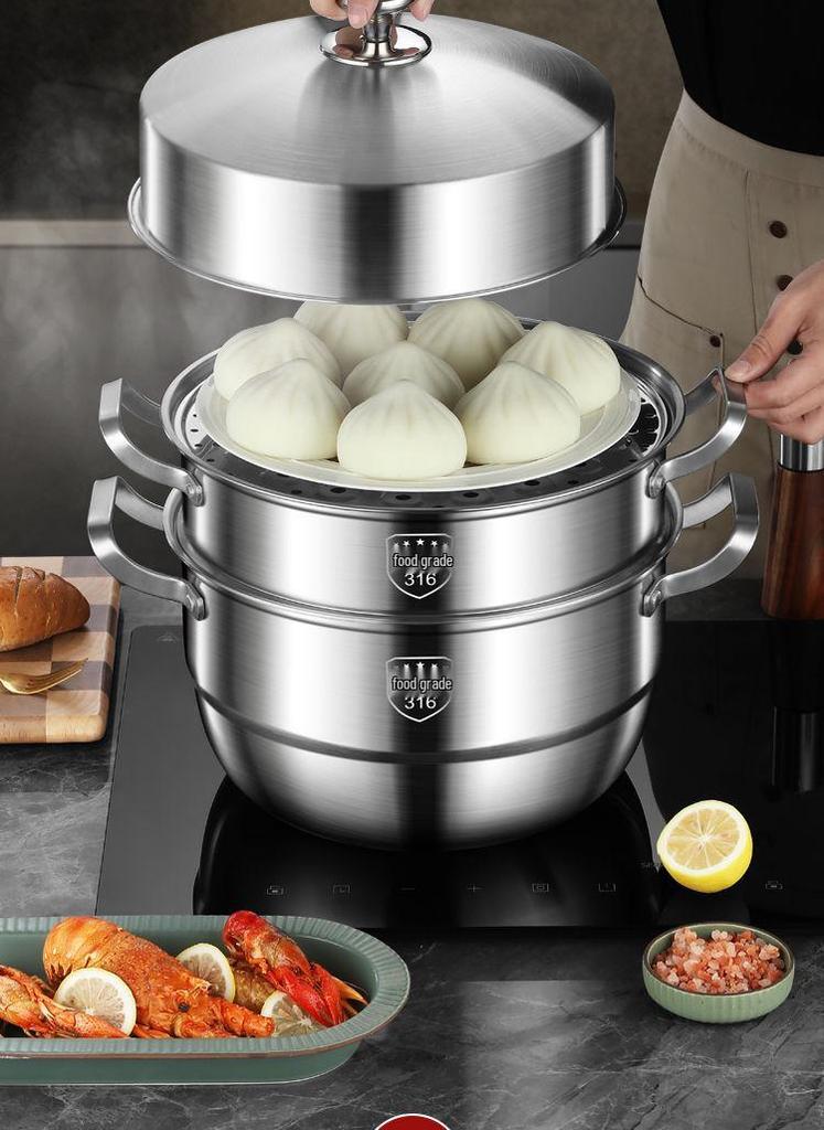 316 Stainless Steel High-Rise Steamer Pot, Extra Thick, Food-Grade, Large Capacity, Versatile 3-4 Layer Soup Pot