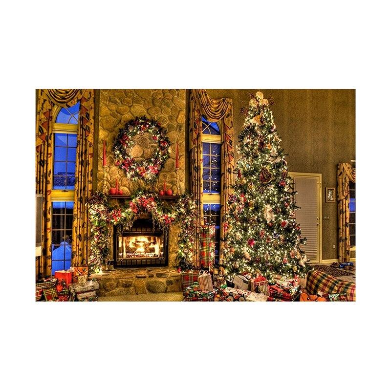 Christmas Fireplace Photography Backdrop Xmas Tree Stocking Photo Background Props for Holiday Family Portrait Studio Shoot Video Party Decor