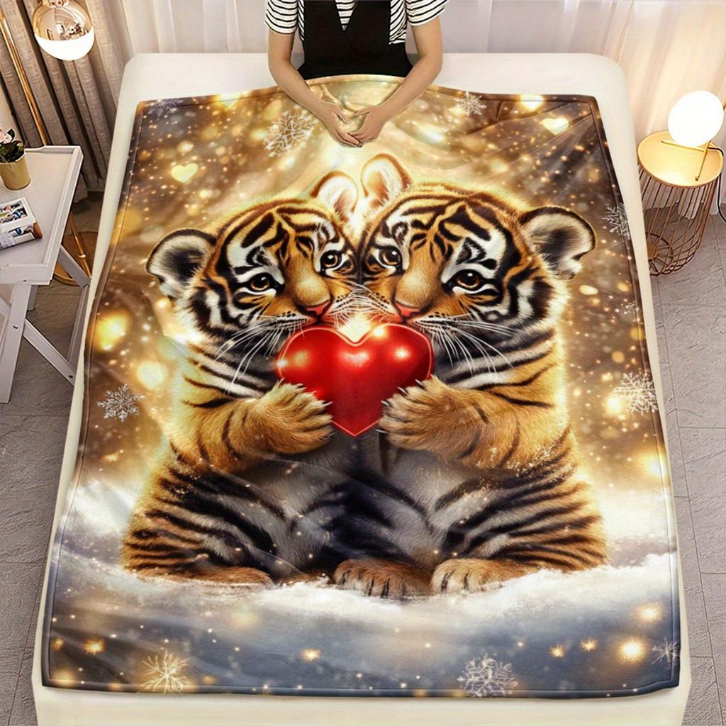 1pc Cute Tiger Cubs Holding Heart Fleece Blanket Flannel Throw Soft Cozy Bed Cover Animal Love Theme Gift for Kids or Couple