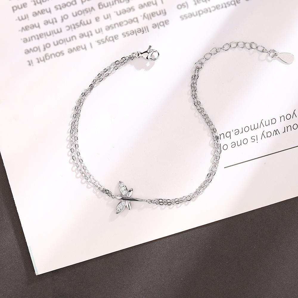 Sterling Silber S925 Silber Armband Damen Exquisite Insektenflügel Armband mit eingelegtem Zirkon Doppelschicht Kleines Libellenarmband