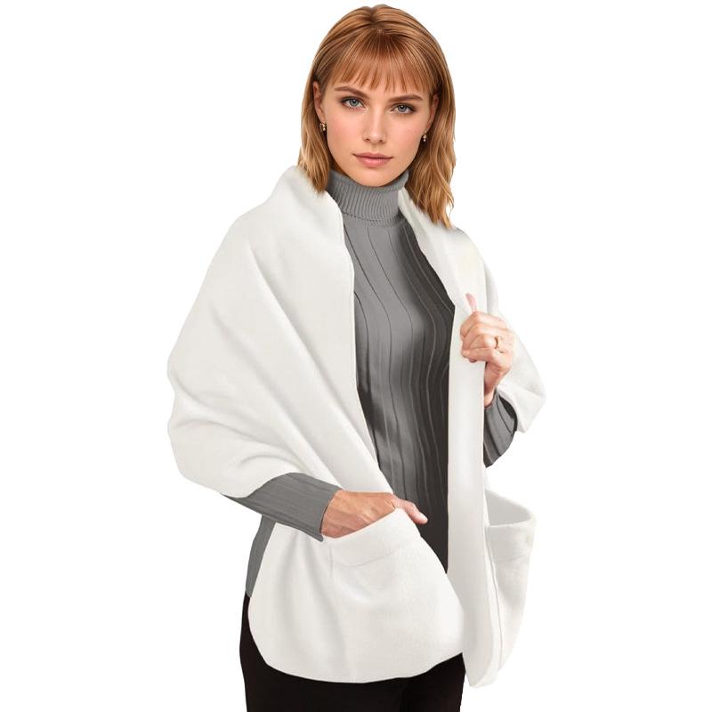 Unisex Thick Fleece Scarf Cape with Pockets - Warm, Solid Color, Wearable Shawl