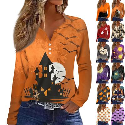 Damen T-Shirt Tee Knopf Halloween Print Langarm Täglich Wochenende Mode Basic V-Ausschnitt Regular Oberteil