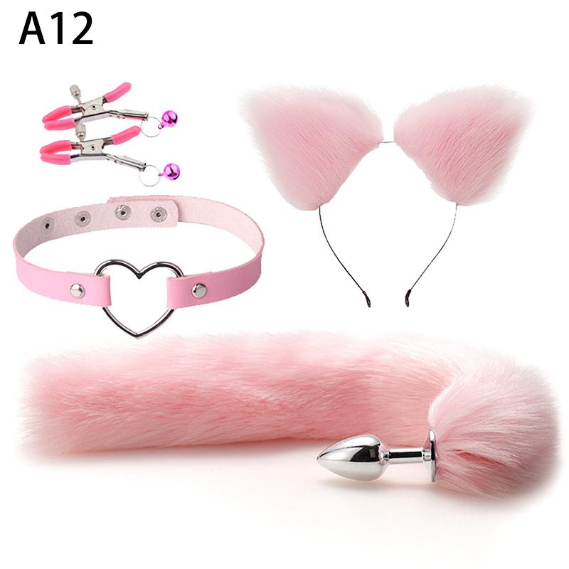 4Pcs Set Cute Fox Butt Tail Collar Anal Plug Nipple Clamp Soft Cat Ears Headbands Cosplay Adult Sex Toys Accessories