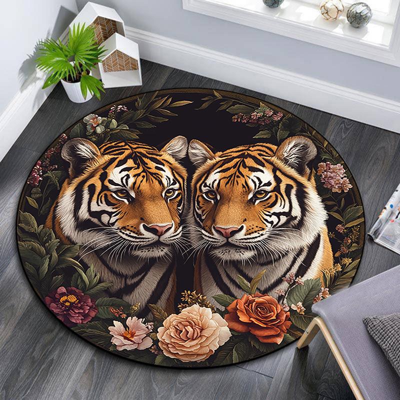 Tiger Artwork Round Area Rug,Carpet Rug for Living Room Bedroom Sofa Playroom Decor,Non-slip Floor Mat