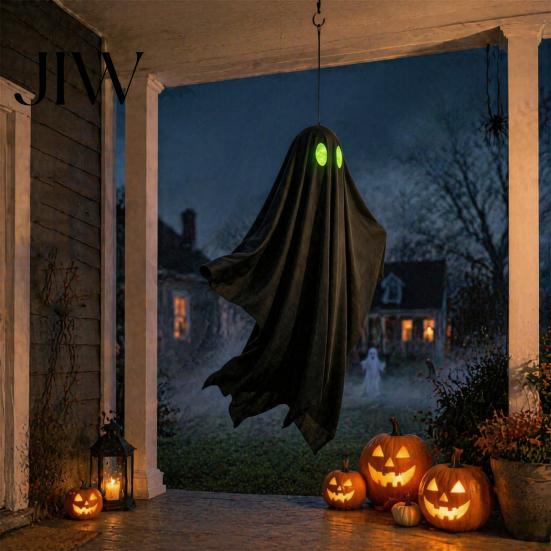 Outdoor Hanging Ghost Halloween Decoration, Spooky Black Fabric with Green Hallway Decor Eyes for Outside Tree, Porch, Yard, Lawn, Haunted House