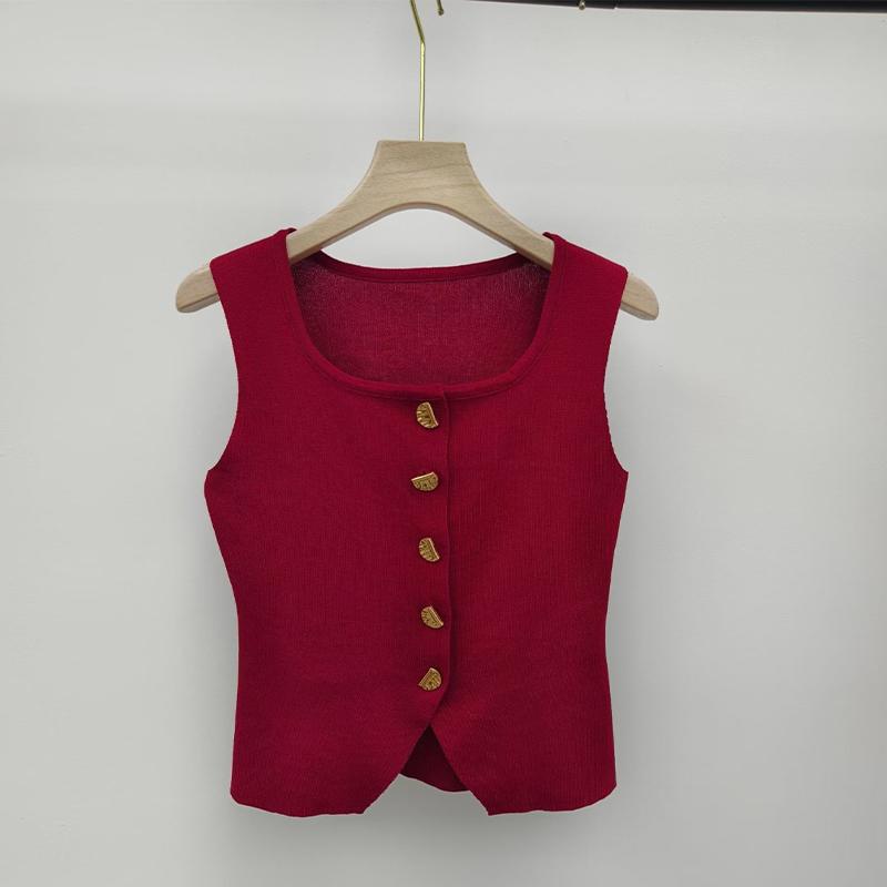 French Retro U-Neck Single-Breasted Sleeveless Slim Vest Solid Color Knitted Vest For Women