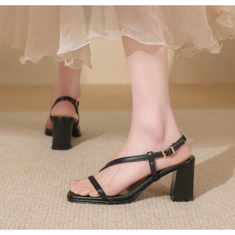 Women Sandals Ladies Square Heels Elegant Summer Slippers Outside Cross Tied Leather Female Slides 2025 Woman Sandals