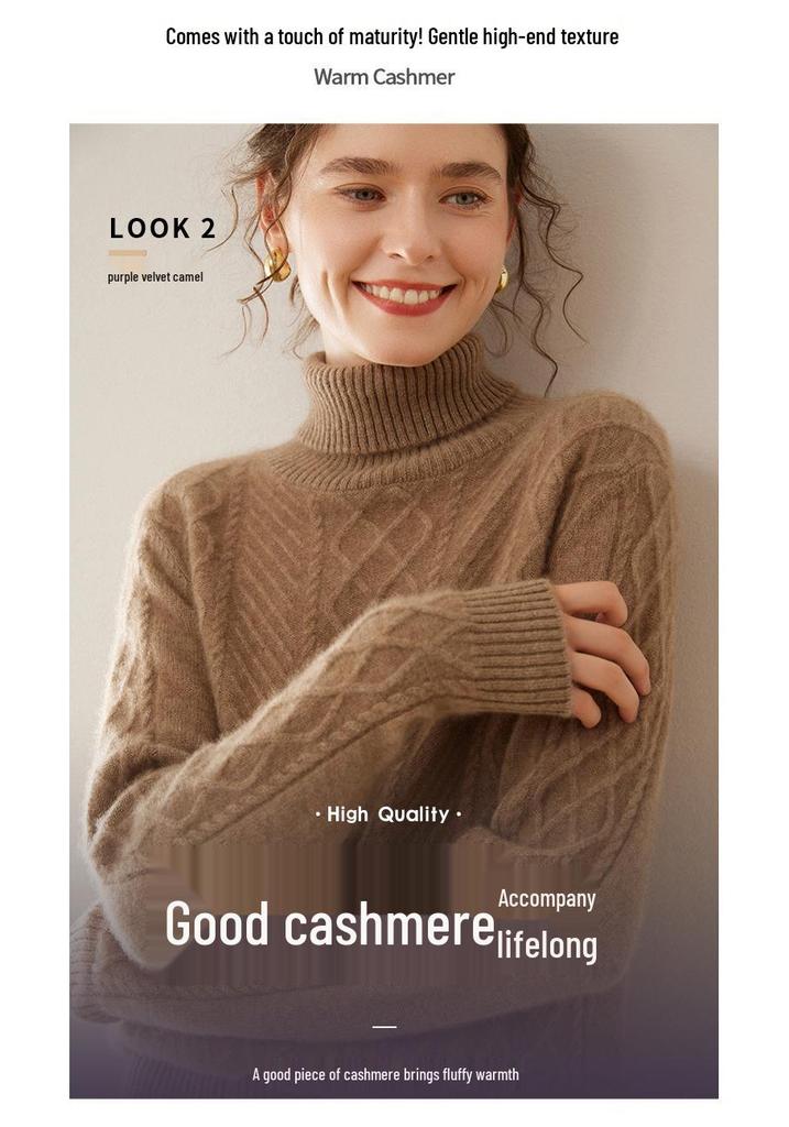 Women's Cashmere High Neck Knit Sweater - Long Sleeve, Loose, Warm, and Versatile for Autumn/Winter.