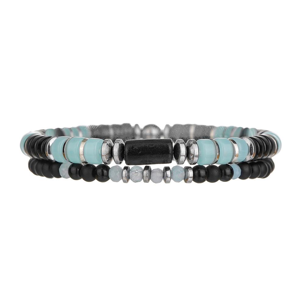 Vintage Black Agate Volcanic Stone Beaded Bracelet Summer Vacation Style Men's Natural Stone Stacked Bracelet